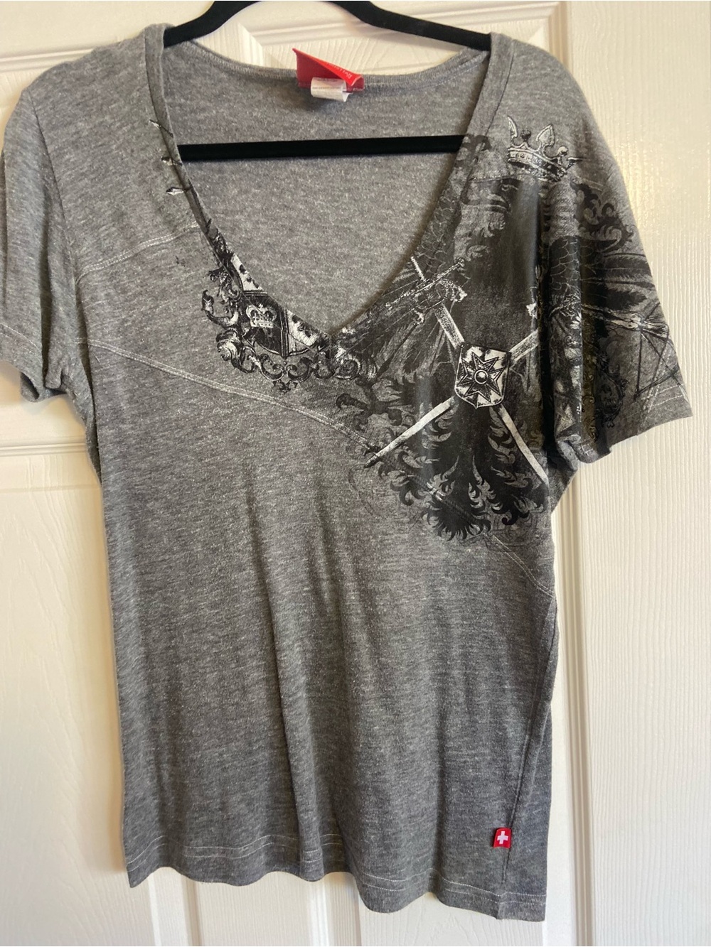 Andrew Christian Gray Short Sleeve V-Neck Tee with Black Graphic